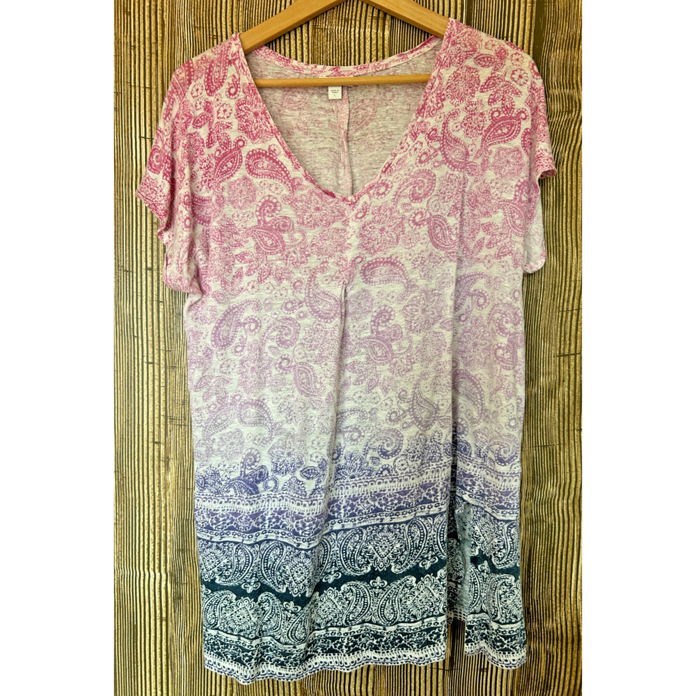 J Jill Love Linen V Neck Shirt Size L Ombre Paisley Asymmetric Slit Boho Beach
